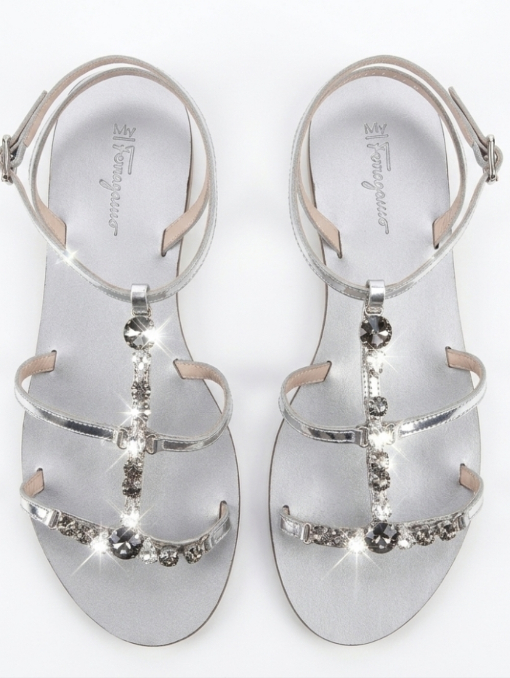 Salvatore Ferragamo Silver Jeweled T-Strap Sandals Size 7.5 Crystal Flats Shoes